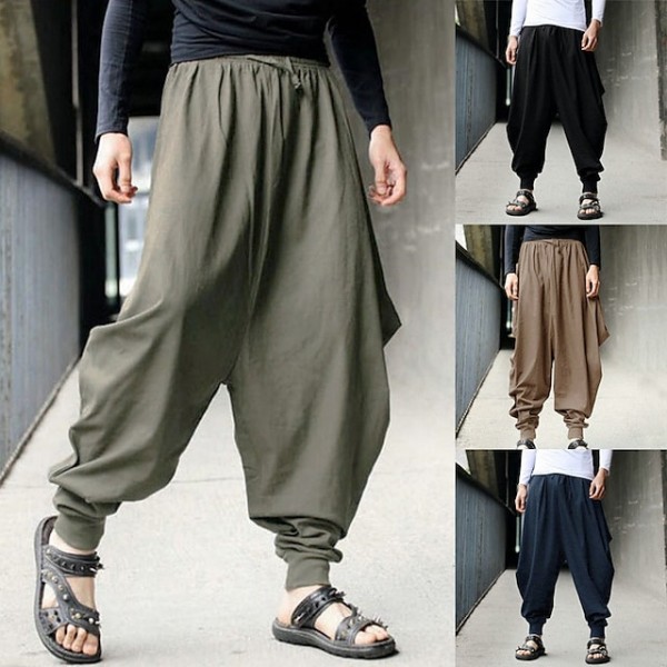 Men's Harem Baggy Baggy Elastic Waist Elastic Drawstring Design Solid Color Breathable Lightweight Full Length Pants Casual Daily Cotton Casual Hip-Hop ArmyGreen Black Micro-elastic / Elasticity