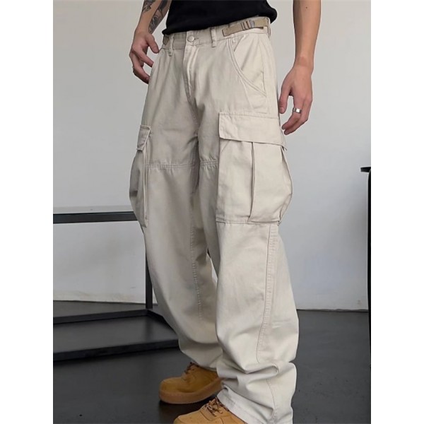 Men's Straight Trousers Cargo Pants Multi Pocket Solid Color Comfort Breathable Pants Casual Daily Cotton Blend Sports Fashion Black Beige Micro-elastic