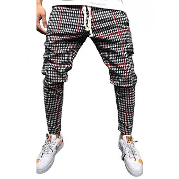 men's casual drawstring waist taper leg plaid jogger harem sweatpants (medium, red)