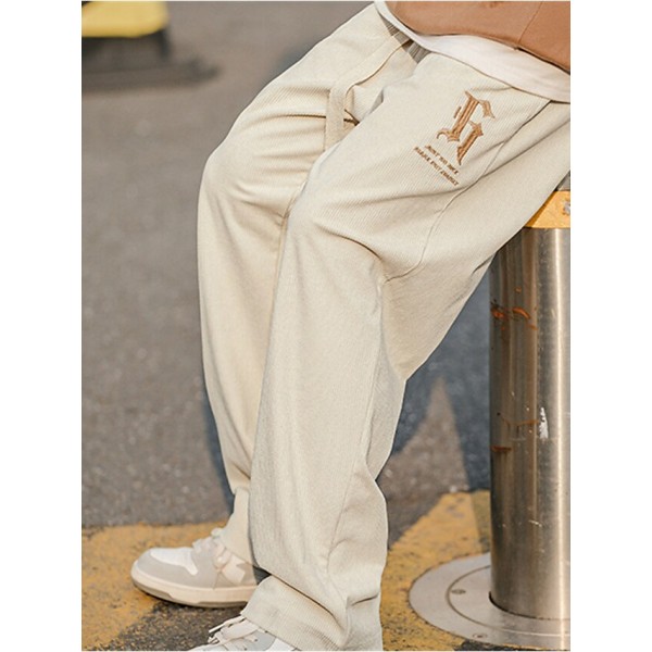 Men's Straight Sweatpants Trousers Embroidered Drawstring Elastic Waist Letter Comfort Breathable Pants Casual Daily Corduroy Sports Fashion Black Beige Micro-elastic / Elasticity