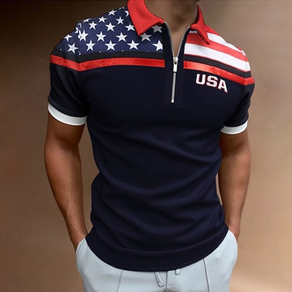 Men's Golf Shirt Flag Turndown Navy Blue Short Sleeve Street Casual Zipper Tops Fashion Casual Comfortable / Beach