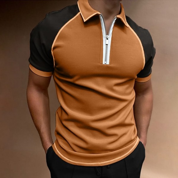 Men's Golf Shirt Color Block Turndown Brown Short Sleeve Street Casual Zipper Tops Fashion Casual Comfortable / Beach