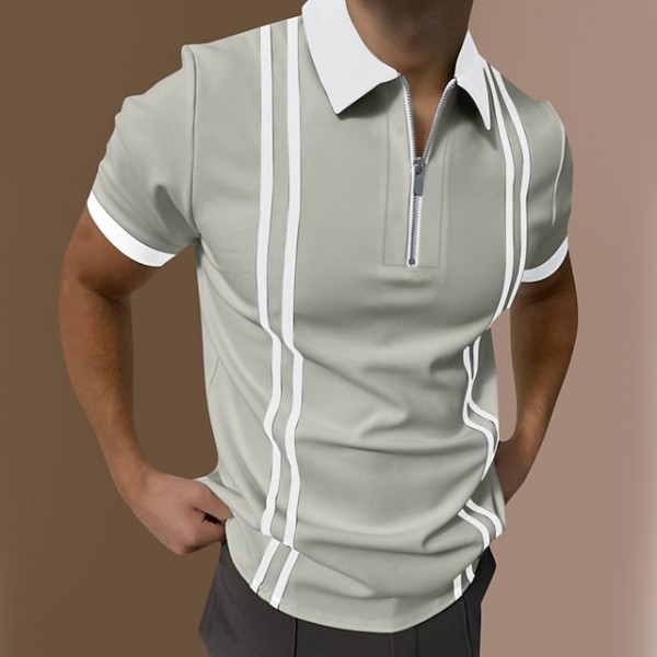 Men's Golf Shirt Striped Turndown Casual Daily Street Going out Short Sleeve Slim Tops Color Block  Sports Black Blue Gray Summer Shirt Quick Dry