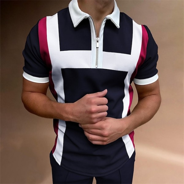 Men's Golf Shirt Striped Turndown Black Short Sleeve Hot Stamping Outdoor Street Zipper Print Tops Cotton Fashion Casual Breathable Comfortable / Summer / Summer