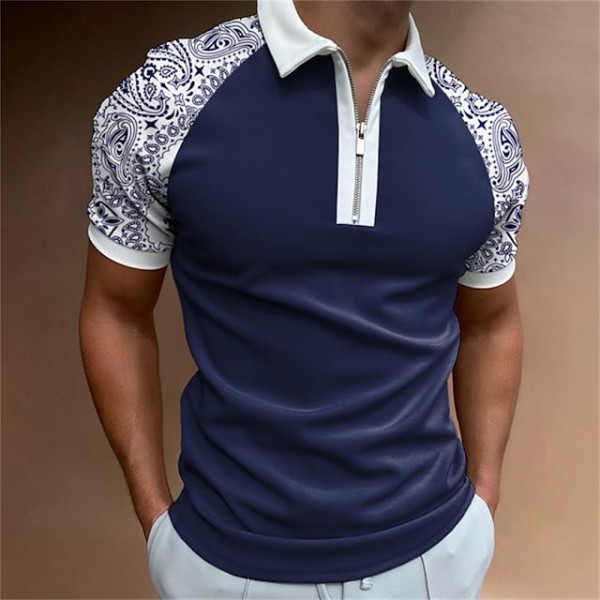 Men's Golf Shirt Color Block Turndown Casual Daily Street Outdoor Vacation Zipper Short Sleeve Tops Casual Fashion Comfortable Sports Summer Shirts Navy Blue Quick Dry