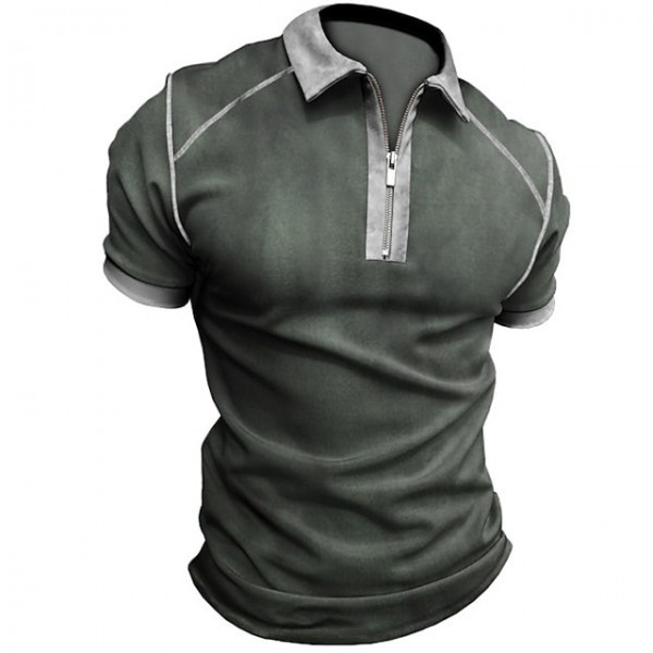 Men's Shirt Solid Colored Turndown Dark Green Short Sleeve Outdoor Street Zipper Tops Fashion Casual Breathable Comfortable / Summer / Spring / Summer