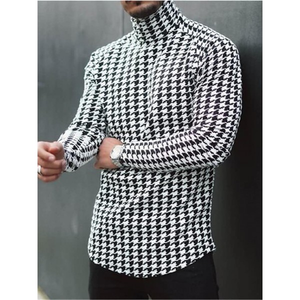 Men's T shirt Tee Plaid Houndstooth Turtleneck Black / White Black Blue Gray Yellow Long Sleeve Casual Daily Tops Lightweight Muscle Slim Fit Big and Tall