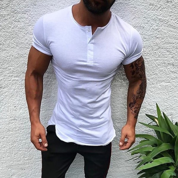 Men's T shirt Tee Henley Shirt Solid Color Henley White Black Gray Pink Navy Blue Short Sleeve Casual Daily Tops Fashion Lightweight Muscle Big and Tall / Summer / Summer