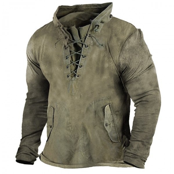 Men's Sweatshirt Pullover Solid Color Lace up Daily Holiday Going out Vintage Outdoor Casual Streetwear Tactical Hoodies Sweatshirts  Green