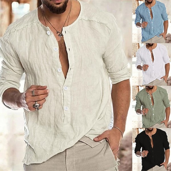 Men's Shirt Solid Color Collar Green White Black Khaki Light Blue Long Sleeve Outdoor Street Button-Down Tops Fashion Designer Casual Big and Tall / Summer / Spring / Summer