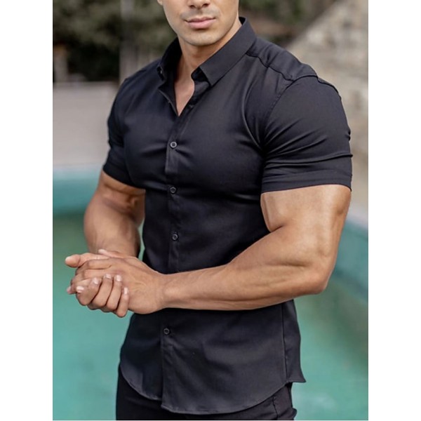 Men's Casual Shirt Solid Color Turndown  Daily Street Sport Button-Down Short Sleeve Tops Lightweight Fashion Comfortable Big and Tall White Black Blue / Summer Muscle Shirt