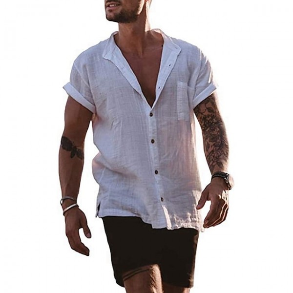 Men‘s Cotton Linen Henley Shirt Short Sleeve Hippie Casual Beach T Shirts