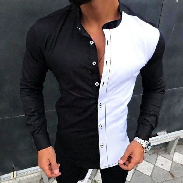 Men's Shirt Color Block Stand Collar Black / White Long Sleeve Street Daily Button-Down Tops Fashion Casual Comfortable / Beach