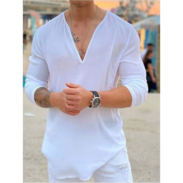 Men's Shirt Solid Color V Neck White Black Long Sleeve Outdoor Street Tops Fashion Casual Comfortable / Summer / Spring / Summer