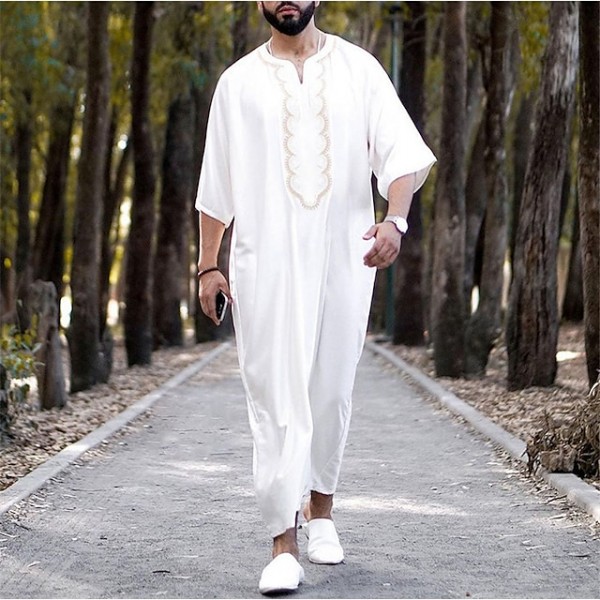 Men's T shirt Tee Tribal V Neck White Long Robe Print Street Daily Print Tops Ethnic Style Casual Comfortable