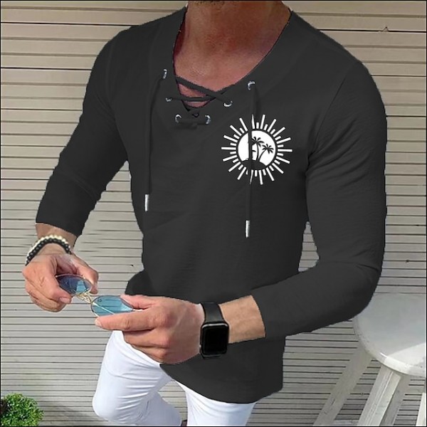 Men's Shirt Solid Color Tree Sun V Neck White Black Blue Gray Pink 3/4-Length Sleeve Outdoor Street Drawstring Print Tops Fashion Designer Casual Breathable / Summer / Spring / Summer