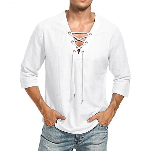 Men's Shirt Solid Color V Neck Drawstring Party Casual 3/4 Length Sleeve Tops Casual Daily Streetwear Beach Vacation Holiday Summer Fall Shirts Comfortable Lightweight White