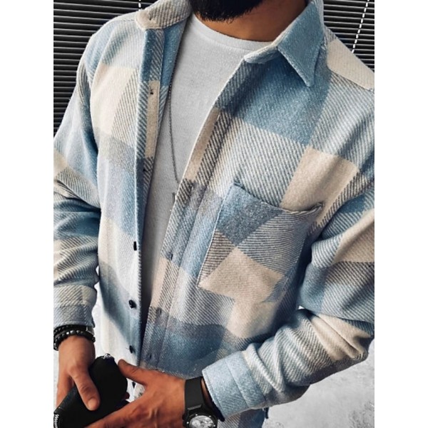 Men's Thick Shirt Winter Jacket Check Plaid Lattice Turndown Pocket Casual Daily Street Long Sleeve Tops Fashion Comfortable Blue White Fall Spring Holiday