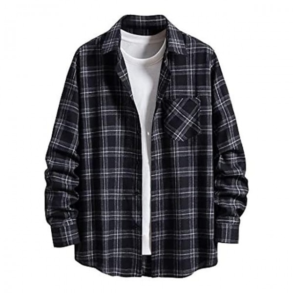 Plaid Shirt for Men, Lapel Button Down Shirt Long Sleeve Single Breasted Sweatshirts Pocket Winter Fall Loose Tops Mens T-Shirts Men Shirts Mens T Shirts 2021 Fashion Tee Working Tops for Men