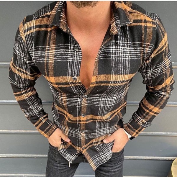 Men's Shirt Shirt Jacket Tartan Turndown Brown Long Sleeve Street Casual Button-Down Tops Fashion Classic Comfortable Big and Tall / Summer / Spring / Summer