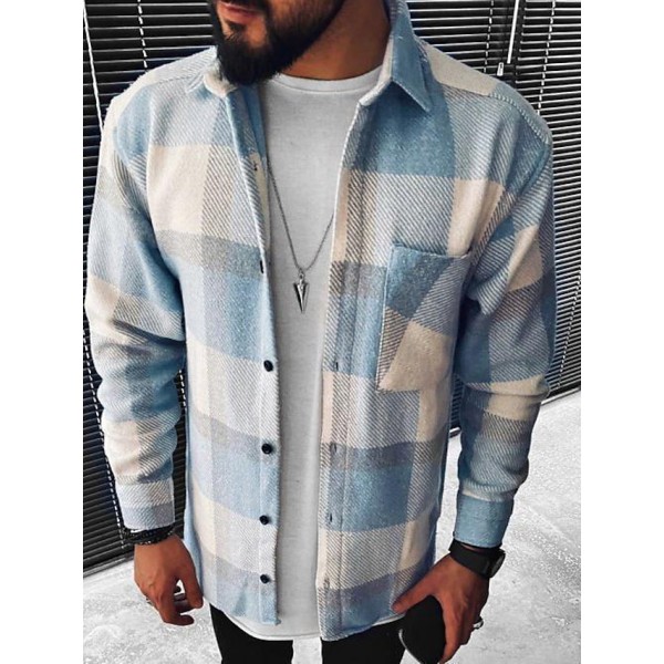 Men's Shirt Jacket Plaid / Check Turndown Light Blue Long Sleeve Outdoor Street Pocket Tops Cotton Streetwear Sporty Casual / Fall