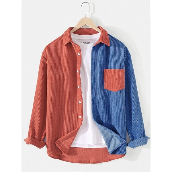 Men's patchwork corduroy color block long sleeve shirts with pocket