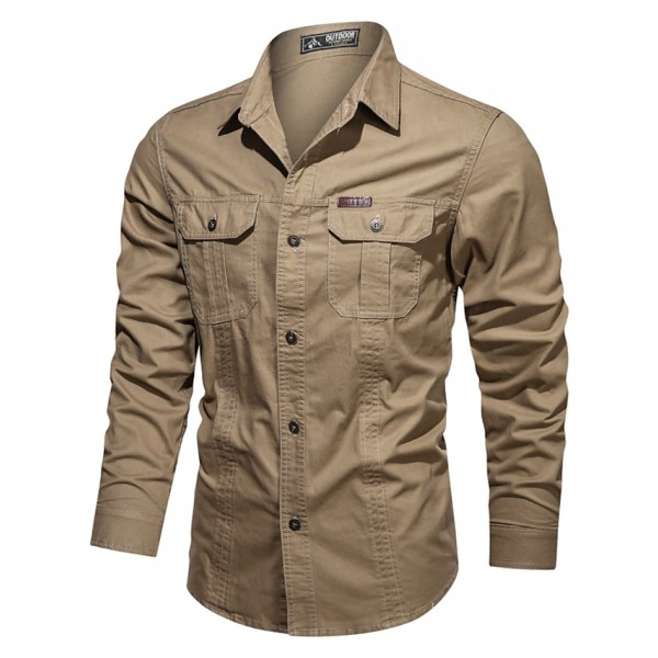 Men's Shirt Shirt Jacket Solid Color Turndown Gray Army Green Khaki Long Sleeve Outdoor Street Button-Down Tops Cotton Fashion Casual Breathable Comfortable / Summer / Spring / Summer