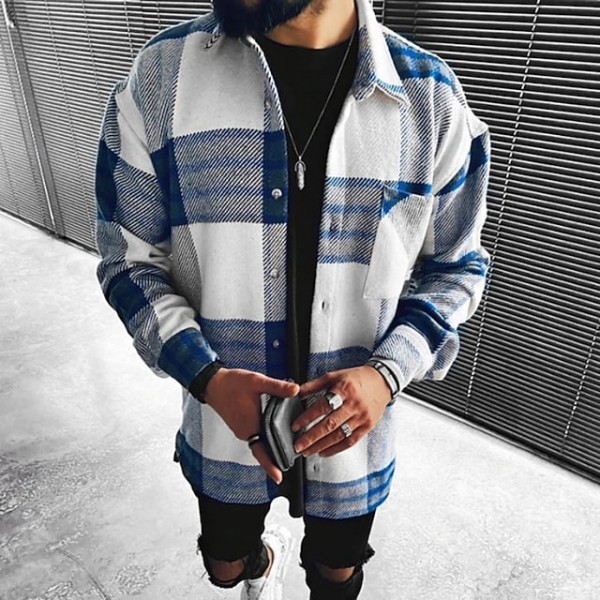 Men's Shirt Jacket Stripes and Plaid Turndown White Long Sleeve Print Street Daily Tops Stylish / Winter / Fall / Winter