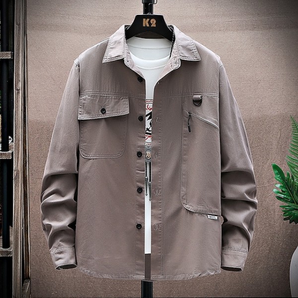 Men's Cargo Shirt Shirt Jacket Solid Color Turndown Army Green Dusty Rose Long Sleeve Outdoor Street Button-Down Tops Cotton Comfortable Pocket Wrinkle-Free