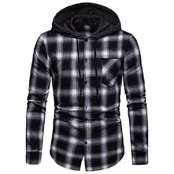 men's long sleeve hoodie plaid flannel button down shirt