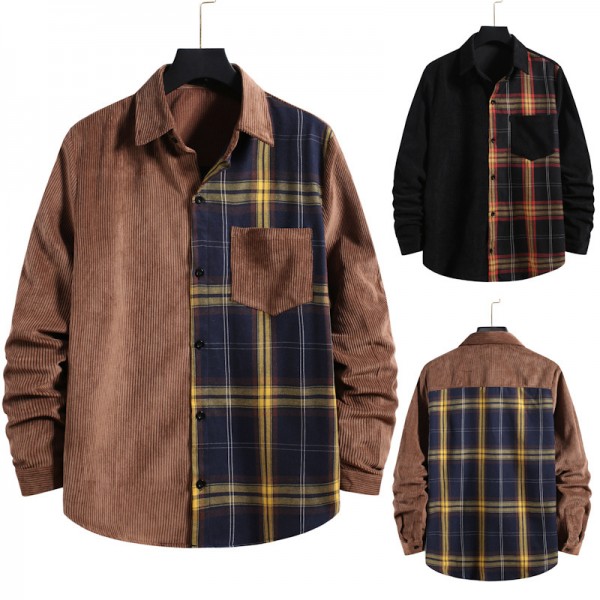 Men's Shirt Shirt Jacket Color Block Turndown Black Coffee Long Sleeve Outdoor Street Button-Down Tops Fashion Casual Breathable Comfortable