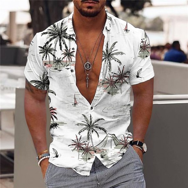 Men's Shirt Coconut Tree Turndown Green White Purple Yellow Short Sleeve Print Outdoor Street Button-Down Print Tops Fashion Designer Casual Hawaiian / Summer / Spring / Summer