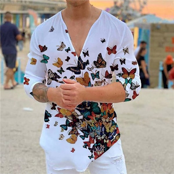 Men's Shirt Butterfly V Neck White Long Sleeve 3D Print Outdoor Street Print Tops Fashion Casual Comfortable / Summer / Spring / Summer