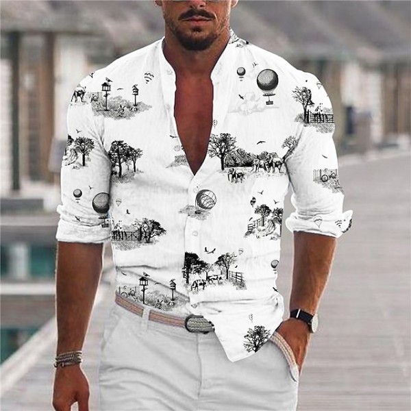 Men's Shirt Scenery Stand Collar White Long Sleeve 3D Print Outdoor Casual Button-Down Print Tops Fashion Designer Casual Comfortable / Sports