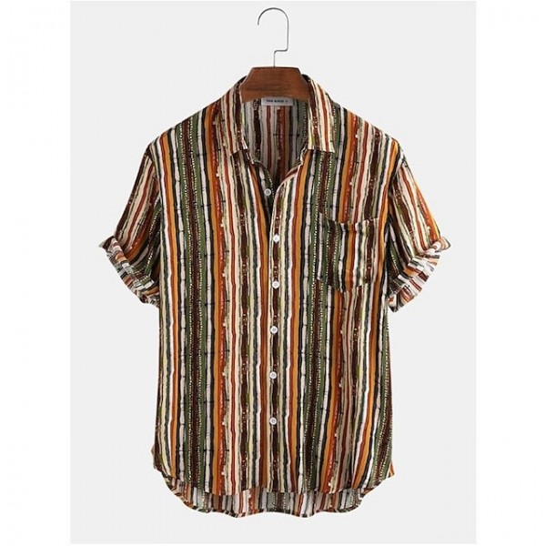 Men's Multicolored Striped Print Linen Short Sleeve Shirt With Pocket