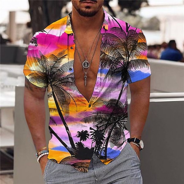 Men's Shirt Coconut Tree Scenery Turndown Rainbow Short Sleeve Print Outdoor Street Button-Down Print Tops Fashion Designer Casual Hawaiian / Summer / Spring / Summer