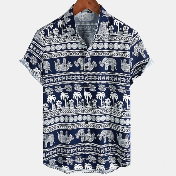 Men's Shirt Elephant Coconut Tree Turndown Navy Blue Short Sleeves 3D Print Outdoor Street Button-Down Print Tops Vintage Designer Ethnic Style Casual / Summer / Spring / Summer