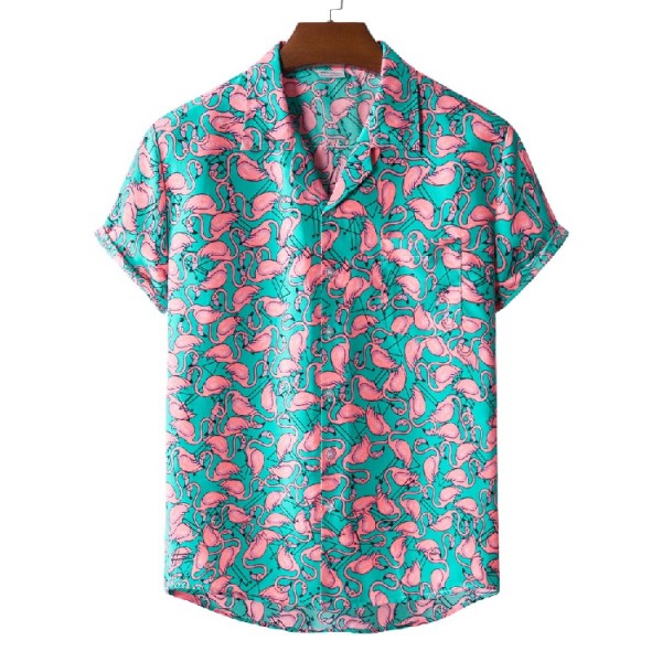 Men's Shirt Flamingo Classic Collar Green Short Sleeve Other Prints Casual Holiday Print Tops Tropical Beach