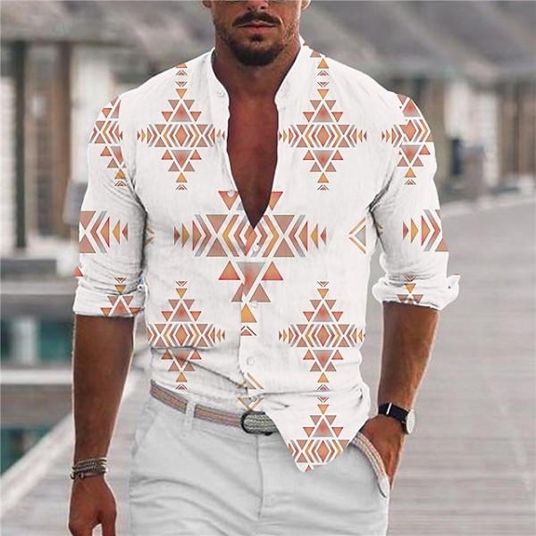 Men's Shirt Geometry Stand Collar White Long Sleeve 3D Print Outdoor Casual Button-Down Print Tops Fashion Designer Casual Comfortable / Sports