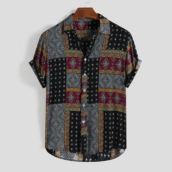 Men's Shirt Graphic Collar Button Down Collar Green Black Red Short Sleeve Other Prints Daily Holiday Print Tops Basic Personalized Casual Daily Beach / Weekend / Vacation / Machine wash / Hand wash