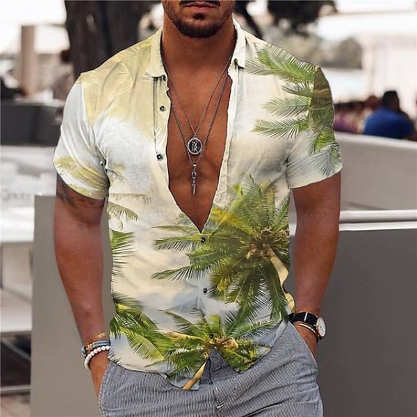 Men's Shirt Coconut Tree Turndown Green Short Sleeve Print Outdoor Street Button-Down Print Tops Fashion Designer Casual Hawaiian / Summer / Spring / Summer