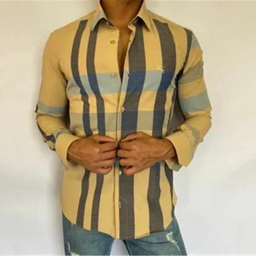 Men's Shirt Plaid Turndown Yellow Long Sleeve 3D Print Outdoor Street Button-Down Print Tops Fashion Designer Casual Breathable