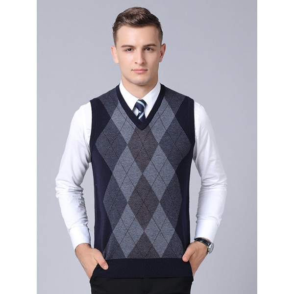 Men's Sweater Vest Jumper Knit Knitted Plaid V Neck Stylish Vintage Style Fall Winter Gray Wine S M L / Sleeveless / Sleeveless