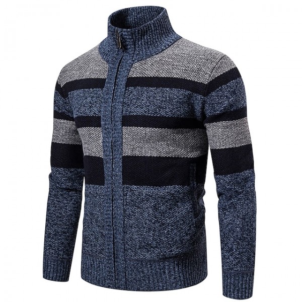 Men's Sweater Cardigan Jumper Knit Knitted Striped Stand Collar Stylish Casual Sport Daily Fall Winter Blue Camel M L XL / Long Sleeve / Long Sleeve