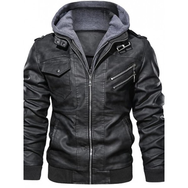 Men's Faux Leather Jacket Daily Regular Coat Hooded Regular Fit Jacket Long Sleeve Color Block Black Gray Brown