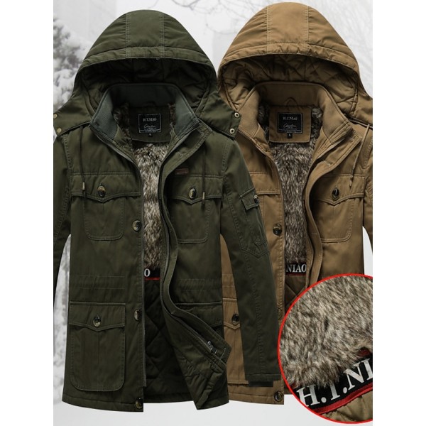 Men's Parka Outdoor Street Daily Winter Regular Coat Stand Collar Regular Fit Warm Breathable Sporty Casual Jacket Long Sleeve Solid Color Pocket Full Zip Black Army Green Khaki / Cotton / Going out