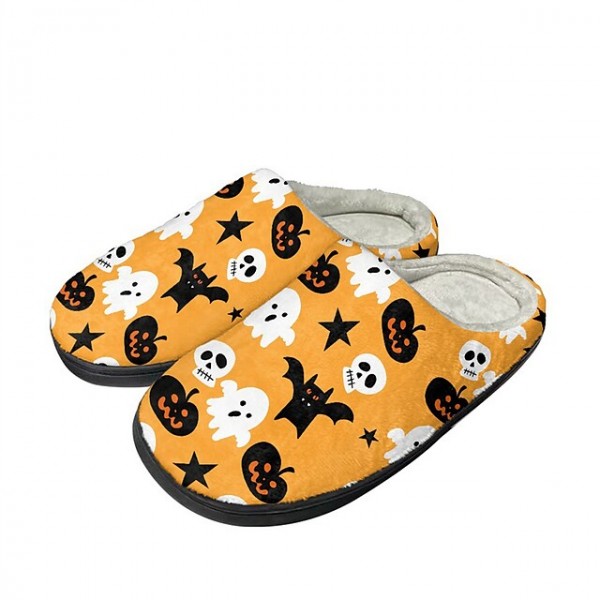 Halloween Bat Pumpkin Print Cotton Slippers Men and Women Flannel Couple Slippers