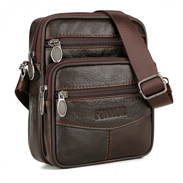 Men's Messenger Bag Leather Shoulder Messenger Bag Crossbody Bag Cowhide Zipper Solid Color Daily Coffee Brown