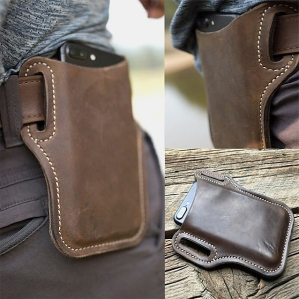 ekphero men vintage casual genuine leather 6.3/7.2 inch phone bag waist bag pouch leather belt bag purse