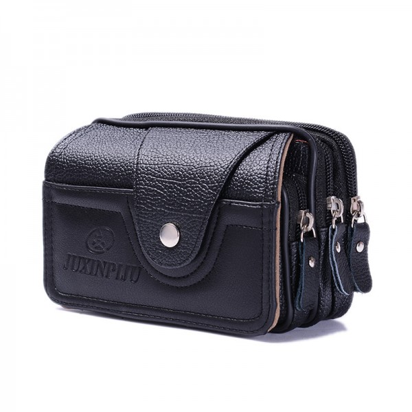 Men's Coin Purse Mobile Phone Bag Cowhide Daily Coffee Lychee Three Layers 16cm Black Lychee Three Layers 16cm